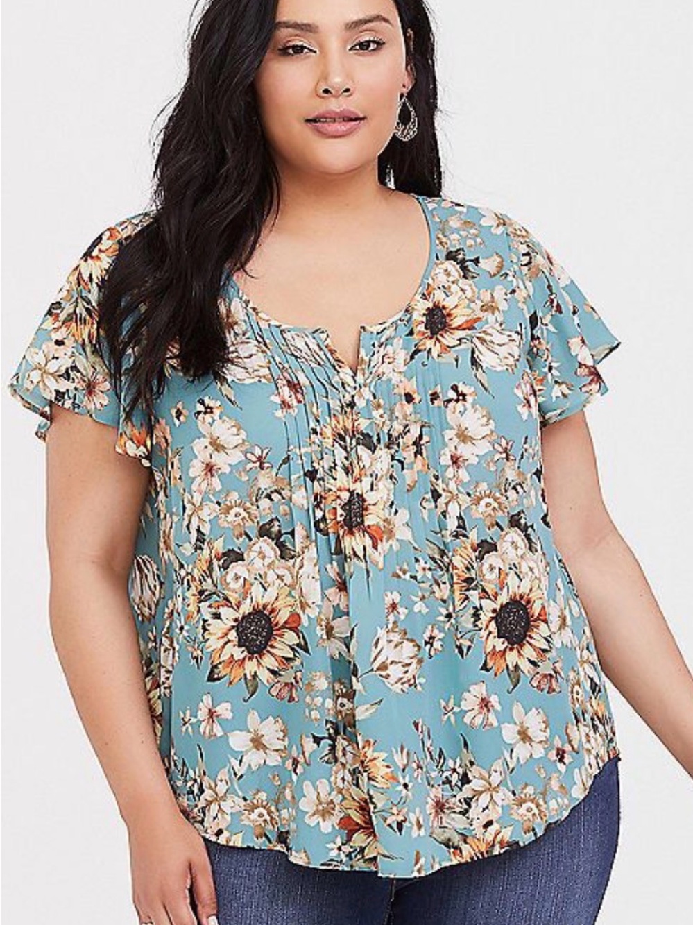 Torrid Green Floral Pintuck Flutter Sleeve Blouse